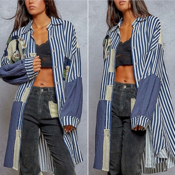 POL Floral Print Peace Striped Patchwork Oversized Buttoned Down Shirt.Sz S.NWOT - Picture 2 of 8